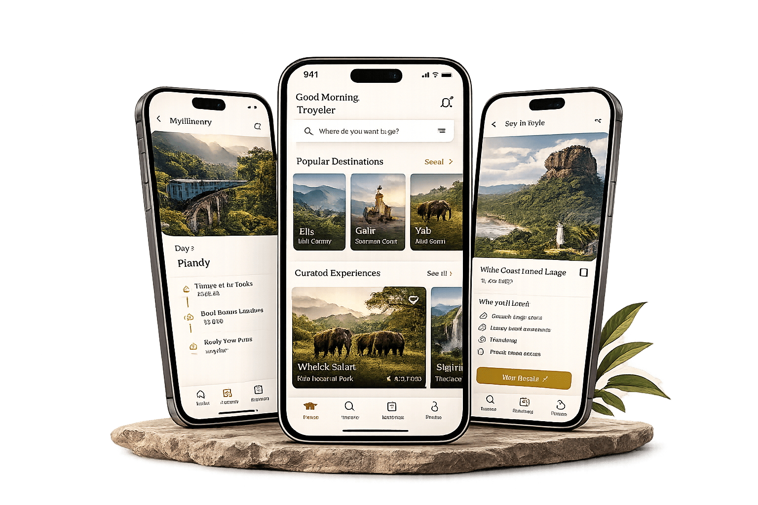Go Around Sri Lanka mobile app shown on phone screens: home, itinerary and hotel details